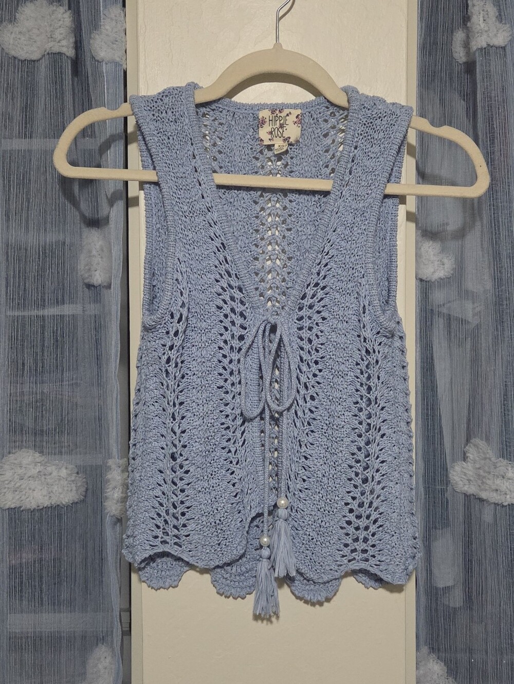Hippie Rose Light Blue Crochet Tie-Front Vest